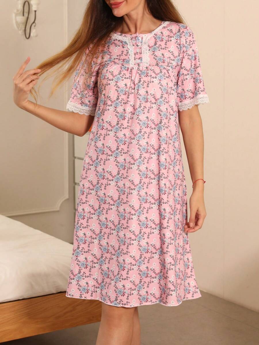 浪漫睡衣，女士优雅法式粉色碎花睡衣，浪漫蕾丝边短袖荷叶边下摆柔软涤纶混纺睡裙，适合春夏季，Moo Moo - 粉色 - 查看 1