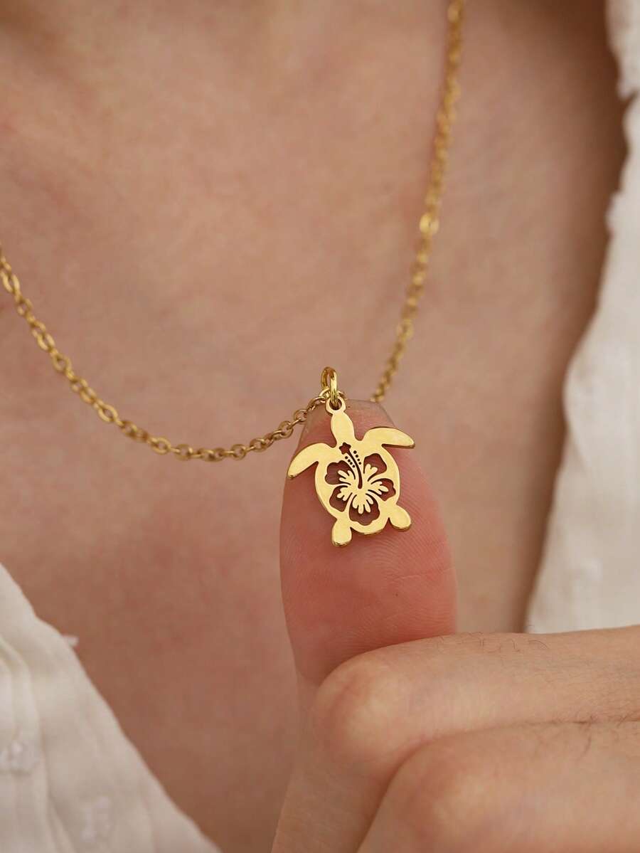 1pc Stainless Steel Cute Sea Turtle Animal Necklace, Suitable For Daily Wear, Gift, Fashion Accessory, Beach & Vacation Style - Yellow Gold - View 1