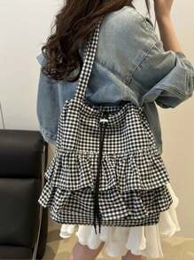 Ruffled Hem Plaid Tote Bag, Women's One Shoulder Underarm Handbag, New Design