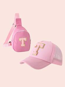 2 件套女童粉色棒球帽配 26 个字母卡车帽和迷你单肩包套装，轻便便携零钱包，适合日常户外防晒 - 粉標粉紅色 - 查看 17