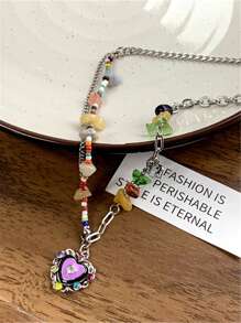 Color Bead Heart Necklace, Vintage Multicolored Stone Enameled Heart Pendant Necklace, Choker Necklace For Girls (Random Color/Placement)