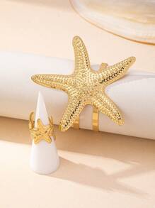 1 set de bracelet ouvert géométrique en forme d'étoile de mer et 1 bague ouverte en forme d'étoile de mer, convenant pour un port quotidien et pour les vacances pour femmes
