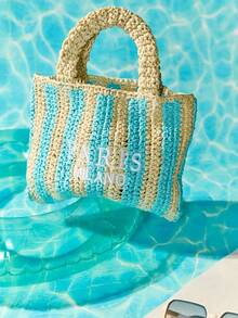 Tropiscape 2025 Nouveau sac en paille tressé rayé fait main Sac de plage de mode d'été pour femmes Sac à main avec broderie de lettre Vacances Plage Automne Hiver Cadeaux Cottagecore, Tenue d'été - Bleu azur - Voir 3