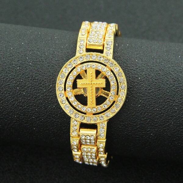 [Rhinestone Hip-Hop Watch Chain] 1pc Rotatable Cross Watch Chain Hip-Hop Men's Bracelet - Full Rhinestone Creative