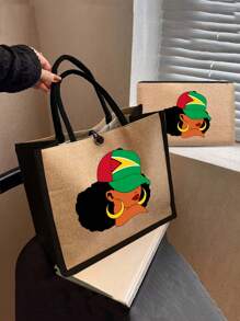 Lightweight Handbag And Matching Makeup Bag - Made Of Waterproof And Easy To Clean Fabric, With A Hat And The "" Letter Pattern For Women, Suitable For Shopping, Travel, Beaches, Teacher Thank-You Gifts, And Women's Linen Large Capacity Handbags. Innovative Design And Large Capacity Make It An Ideal Shopping Bag.