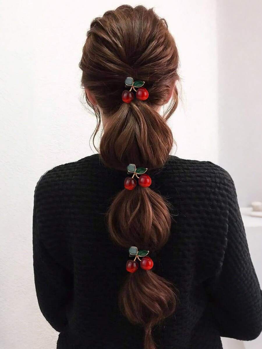 1pc/3pcs Set Elegant Cute Cherry Pendant Hair Tie, Alloy Hair Hoop Metal Hair Accessories, Suitable For Summer, Beach, Vacation, Hair Bobble, Hair Tie ,Hair Accessories, Ponytail Holders, Hair Elastics, Hair Bobbles ,Hair Rope Hairbands Head Accessories - Red - View 1