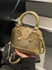 1pc Fashionable Gold PU Rivet Chain Decorated Shell Shaped Y2K Punk Mini Handbag - Gold - View 8