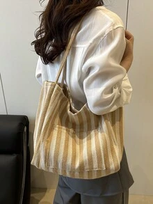 Fashionable Retro Striped Canvas Tote Bag, Large Capacity, Versatile Use, Ideal For Work, School Or Outdoor Activities, Can Be Used As Backpack, Canvas Bag Or Beach Bag - Khaki - View 6