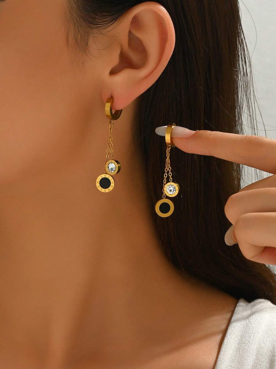 Roman Numeral Detail Rhinestone Drop Earrings - Yellow Gold - View 1