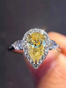 1pc Fashionable Cubic Zirconia Ring, Women's Wedding Engagement Party Jewelry, Valentine's Day Gift - Yellow - View 4