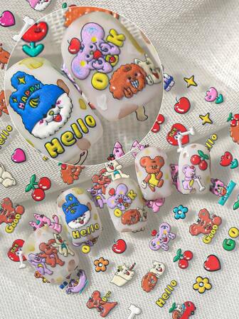 A Relief Cartoon Style Embroidered Cloth With A Button For Children's Fun, Including Patterns Of Small White Cats, Elephants, Bears, Flowers, Etc., Suitable For Personal DIY And Decorating Diaries, Stationery, And Item Surfaces