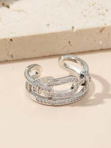 1pc Fashionable & Elegant Copper Ring Inlaid With Zirconia - Silver - View 2