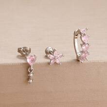 3 件粉色水晶花心形耳环，女士时尚 18K 镀金不锈钢和铜几何耳钉吊坠耳环，奢华珠宝，情人节、妈妈、母亲节礼物 - 3pcs Earrings set - 查看 4