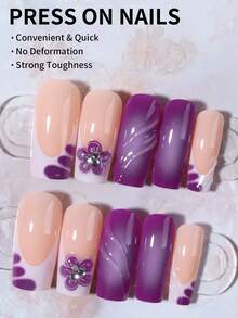 24片3D美甲贴纸，可打造法式美甲，中等花朵形状，镶嵌水钻，亚克力材质，包含1瓶甲油胶和1把指甲锉，易于涂抹。适合女性和女孩日常、节日、派对等场合使用。 - 紫色 - 查看 2