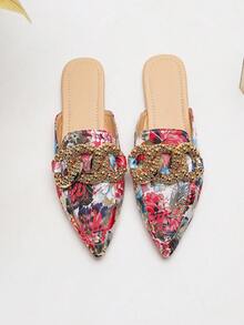 Babuchas planas elegantes para mujer con puntera puntiaguda, estampado tropical colorido y hebilla de metal (Patrones de calzado variados) - Multicolor - Ver 2