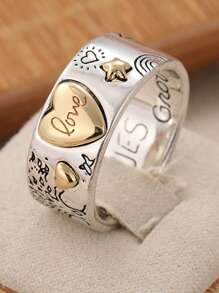 Retro Handcrafted Carved Pattern Rings, Letter Design Rings, Sun And Star Accessories