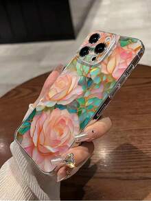 花朵 1 件穿孔透明绿色玻璃花卉彩绘加厚防震手机壳保护套适用于 16/11/16pro/16plus/16promax/16e/15Promax/13/14/12/XS/XR/7G/8P、Galaxy 11/12Pro/12/12X/13Pro/14Pro/15Pro/、Redmi 10/9/Note9/12c/Note11pro/Note8Pro