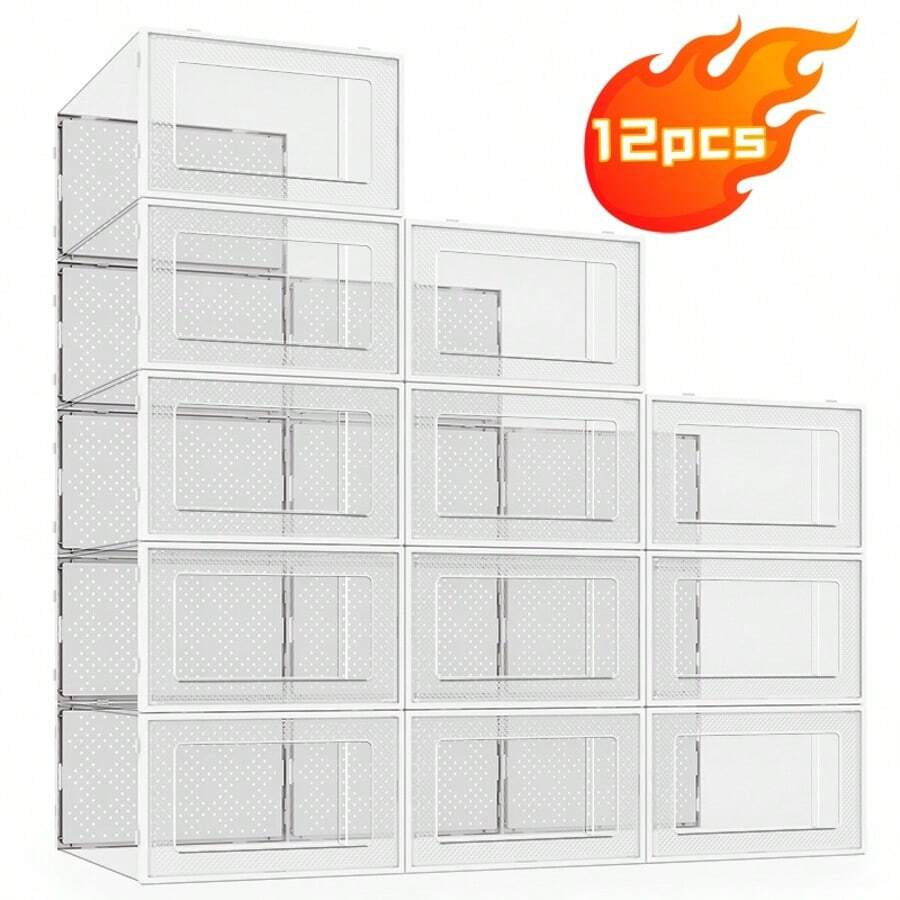 12-Piece Thick Transparent Shoebox With Lid, Foldable Stackable Shoe Rack, Free Combination, Plastic Sneaker Container, Space Saving Storage Organizer For Porch, Bedroom, Home, Dormitory - Trong sáng - Xem 1