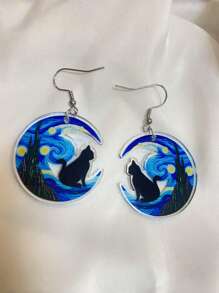 [Unique 2D Van Gogh Earrings] 1-Pair Van Gogh Starry Night Black Cat Earrings - Unique 2D Effect Acrylic, Exquisite Earrings, Perfect For Parties & Gifts, Suitable For Daily Wear