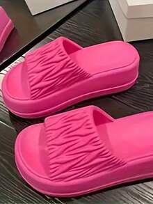 女士厚底拖鞋平底凉鞋，系带防滑厚底休闲户外/室内蓬松流苏拖鞋 - 玫紅色 - 查看 5