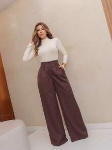 YING ZI Stone Mode Formal Tailored Wide Leg Trousers - Dark Brown - View 5