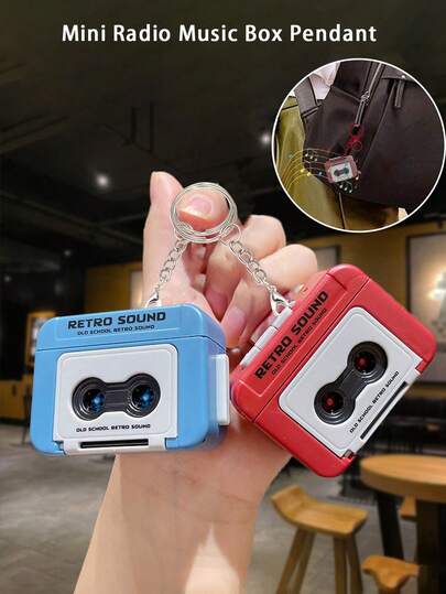 新款迷你复古录音机钥匙扣卡带迷你收音机音乐盒挂件钥匙链玩具可播放音乐录音趣味小型便携挂件