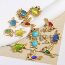 1 Pc 304 Stainless Steel 18k Gold-Plated Pendant With Natural Stone Fish, Moon, Crab, Turtle And Bird, Women's Stainless Steel Jewellery Accessories DIY Pendant