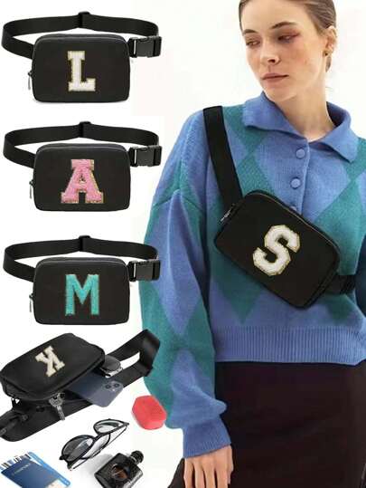 Marsupio con etichetta ricamata, leggero in nylon, borsa a tracolla casual da donna alla moda, multifunzionale, tracolla regolabile, piccola borsa da vita adatta per viaggiare, correre, fare escursioni