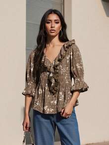 Women's Button Down Blouse Loose Fit Solid/Floral Print Ruffled V Neck Elbow Sleeve Tops - Cà phê nâu - Xem 3