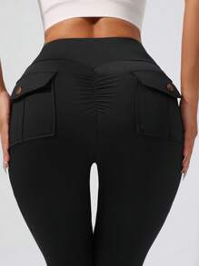 Pantalones deportivos de cintura alta con bolsillos cargo y acampanados, mallas de yoga y fitness que levantan el trasero para mujeres