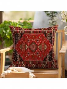 [4pcs Vintage Throw Pillow Cases] 4pcs Soft Retro Pillow Covers, 18"X18", Bohemian Style Single-Sided Print, Red And Gold Pattern, Zippered Polyester Cushion Cover, Suitable For Sofa, Living Room, Outdoor, Car Decor (Pillow Insert Not Included)