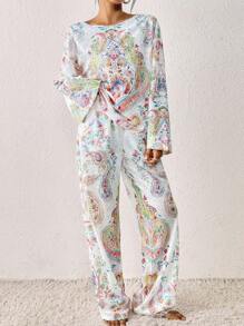 Conjunto de salón mujer estilo bohemio con estampado de cachemir transparente, top de manga larga y pantalones anchos con bolsillo, conjunto de dos piezas para el otoño