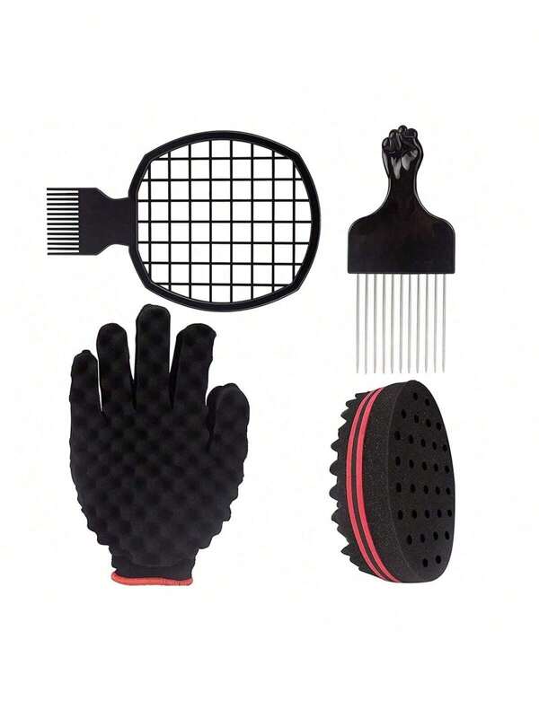 Set di 3 pezzi/4 pezzi di spugne arricciacapelli con guanto, pettine a pugno e pettine a spirale, set di pettini per capelli afro, kit per migliorare i capelli a bassa allergenicità: spugna e pettine metallico - per migliorare il tuo stile, per uomini e donne, con spugna magica per arricciare e sricciare, e pettine a capelli, adatto per acconciature afro intrecciate, capelli arricciati e crespi, per stili di capelli spessi, ricci, lunghi, naturali e afro, e barbe folte, spazzola per capelli per uomini e donne