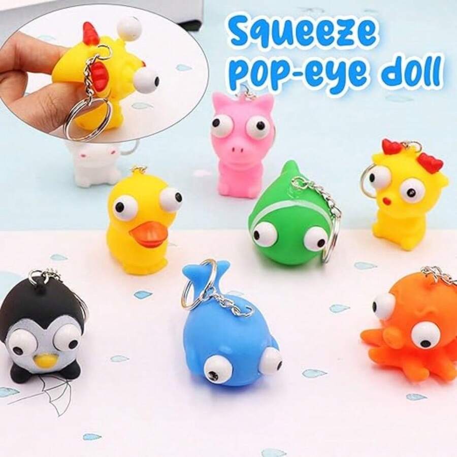 1/3/8/12pcs Random Squeeze Bulging Eye Animal Keychains, Halloween/Christmas Bulging Eye Plush Squeeze Ball Stress Relief Animal Keychains, Party Favors - Multicolor - View 1