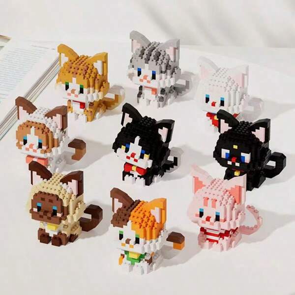 500+Pcs Pet Cat Series Splicing Building Blocks, Cute Cartoon Animal Model, Fashion Assembly Toy, Creative Gift, Home And Office Desktop Decoration