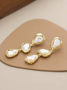 2pcs Retro Asymmetrical Metal Faux Pearl Clip On Earrings, Long Geometric Design For Non-Pierced Ears - Clip - View 10
