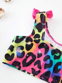 Young Girls Leopard Print Bow Decor Halter Bikini Top And Triangle Bottoms 2Pcs Set - Red - View 5