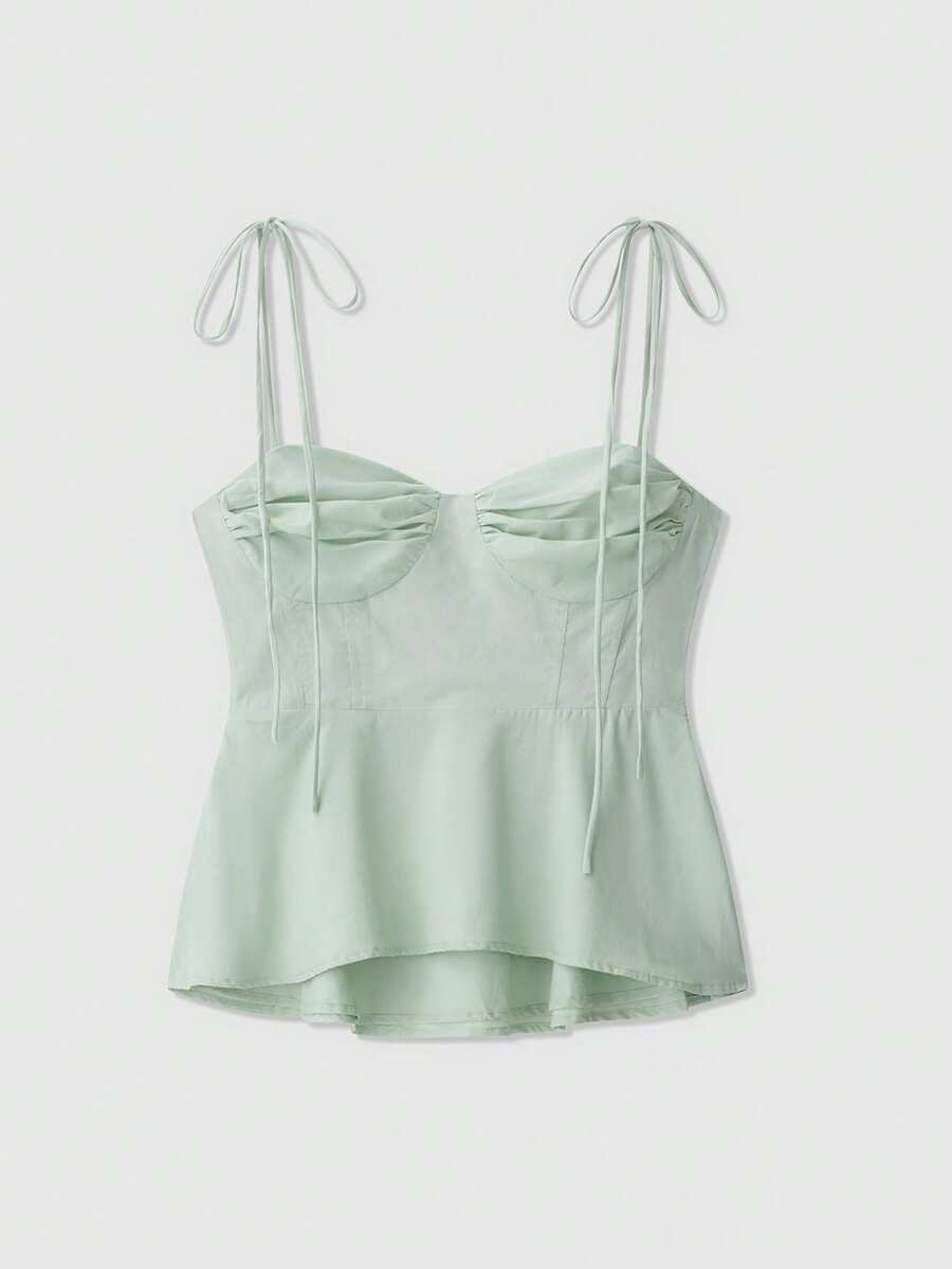 Women's Casual Solid Color Ruched Bust Twist Shoulder Peplum Cami Top, Summer - Light Green - View 1