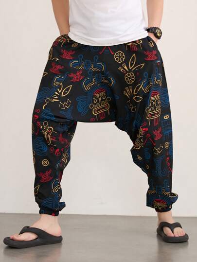 بناطيل هارم بطباعة رجعية، بناطيل طويلة فضفاضة كاجوال أنيقة للرجال، بناطيل جوكر رياضية