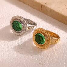MamacitaSlay 1pc Vintage Style Stainless Steel 18K Gold Plated Elliptical Green Zirconia Stone Personalized Ring