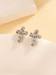 1 Pair Of Simple Style, Fashionable And High-End Sparkling Rhinestone Cross Earrings, Versatile Accessories Suitable For Daily Travel Wear