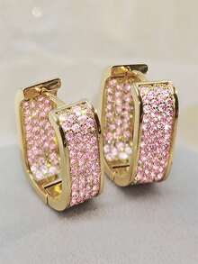 一对璀璨夺目的立方氧化锆耳环，适合女性佩戴，可作为结婚纪念日、订婚派对或情人节礼物。 - 金+粉紅色 - 查看 3