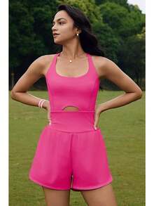 Womens Running  Workout Rompers Athletic Romper One Piece Outfits Exercise Jumpsuits Gym Yoga Clothes - 玫紅色 - 查看 2