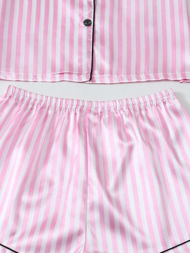 3pcs Satin Women Pajama Set, Short Sleeve Top, Shorts & Pants, Casual Loose Sleepwear For Spring, Summer, Autumn & Winter, Basic Style, Comfortable & Suitable For Home & Outdoor, Pink - Pink - View 8