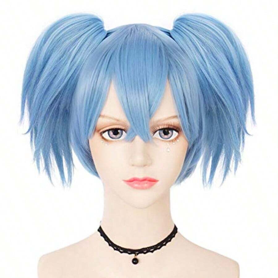 VENDAD-Hair Cap+ Nagisa Shiota Wig Cosplay Blue Wig With Double Ponytails Short Blue Anime Wig For Men Women Boys Girls Cosplay Costume Synthetic Lightblue Hair Pigtails Wigs For Halloween Party - 藍色 - 查看 1