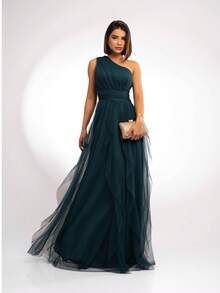 Long One-Shoulder, Shimmerless Dress With Cascade Skirt - 墨綠色 - 查看 2