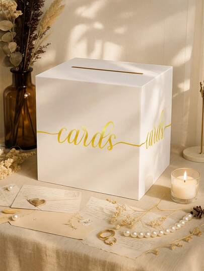 1pc Elegant White Card Box With Gold Foil Design, Platinum Wedding Card Box With Slot, Perfect As A Wedding Gift, Babe Shower, Wedding Cash Box Holder, Baby Shower, Anniversary, Birthday Party, Graduation Table Center Decoration, Wedding Decoration, Decorative Centerpiece, Room Decoration, Most Popular Among Brides At Parties, Summer Gifts Beach Supplies