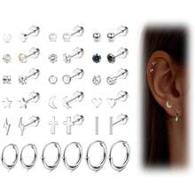 Milacolato 18 Pairs Flat Back Earrings Tiny Cartilage Lobe Stud Earrings Set For Women Men 316L Stainless Steel 20G Cartilage Helix Studs Earrings Moon Star Heart CZ Geometric Piercing Jewelry - 銀色 - 查看 8