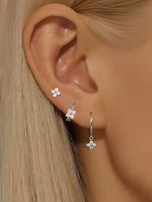 Set de 3 Pares de Aretes para Mujeres, Chapados en Oro con Zirconia, Trébol de Cuatro Hojas, Elegantes, Aretes de Aro y Colgantes, Accesorios de Joyería para Bodas - 3 piezas/juego (para 1 oreja lateral) - Ver 6