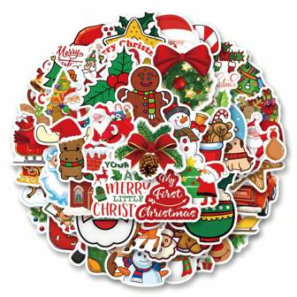 50 件圣诞贴纸圣诞饰品圣诞装饰圣诞装饰圣诞装饰室内卡通贴纸适用于水瓶、水壶、吉他、行李箱、手机、手机壳、笔记本电脑、滑板、礼物学校用品、返校
